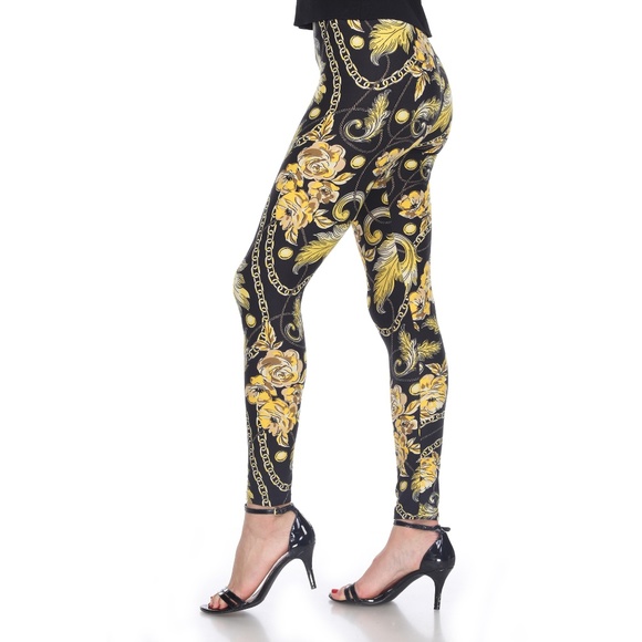 White Mark Pants - One Size Women's Leggings in Gold Chain and Floral Print